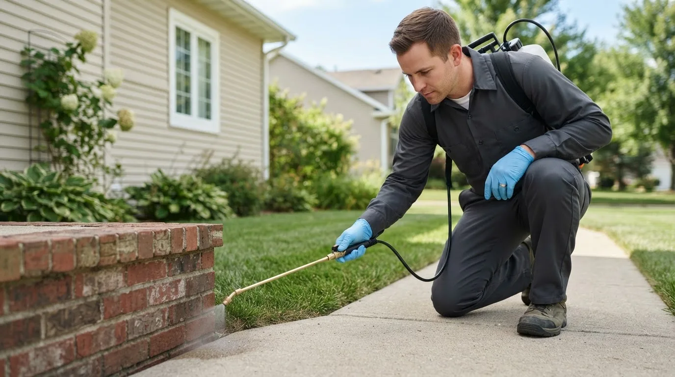 Pest control technician treating a home near Stillmore, GA